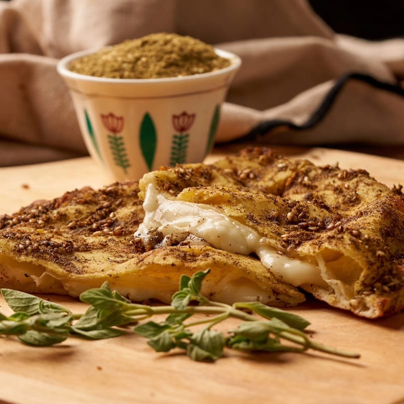Lebanese manakish with melted cheese and za'atar, garnished with fresh oregano, next to a bowl of za'atar.