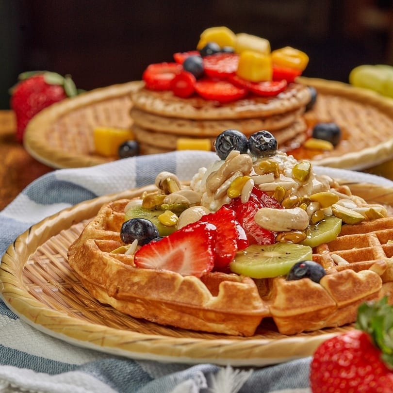 Golden waffle topped with strawberries, kiwi, blueberries, nuts, and syrup, with pancakes in the background.